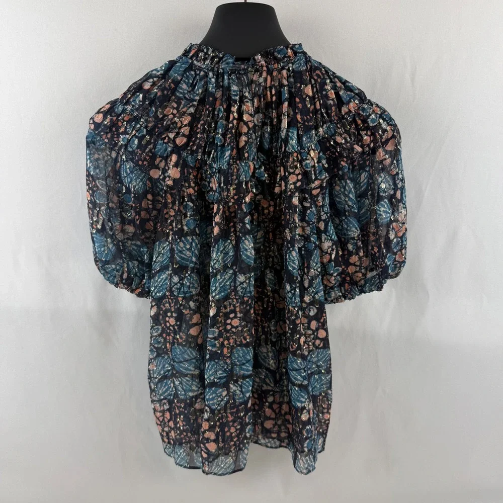 Ulla Johnson Silk Lurex Metallic Ruffle Puff Sleeve Blouse Blue Pink Gold 4